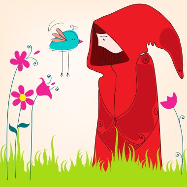 Cute spring girl with bird clipart