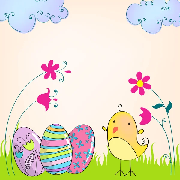 Cute Easter eggs and chicken illustration — Stock Vector