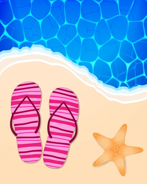Ilustração de verão com oceano, praia, chinelos e estrelas do mar — Vetor de Stock