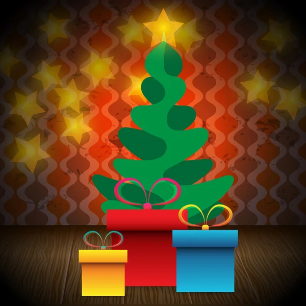 Bela árvore de Natal brilhante e caixas de presente — Vetor de Stock
