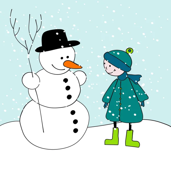 Bonito boneco de neve e menino ilustração — Vetor de Stock
