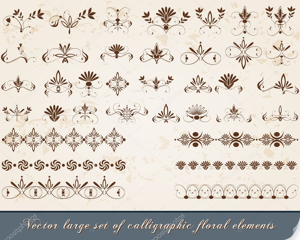 Set of vintage, floral calligraphic design elements