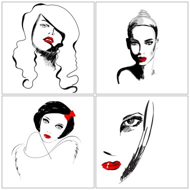 Set of beautiful hand drawn style elegant woman portraits clipart