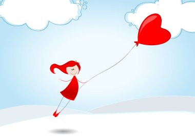 Cute girl flying away on a heartshaped balloon clipart