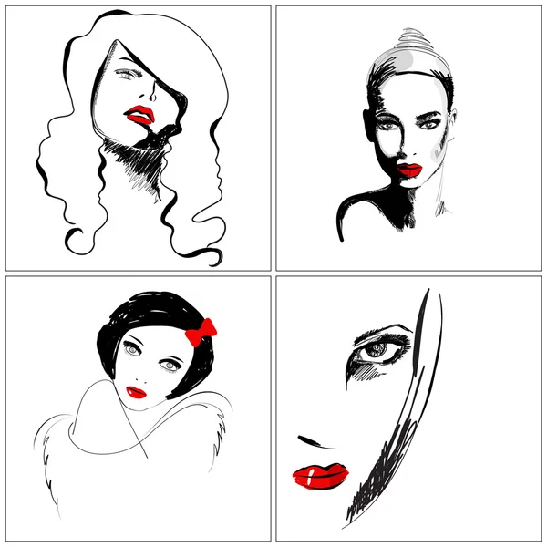 Set de hermosos retratos de mujer de estilo elegante dibujado a mano — Vector de stock