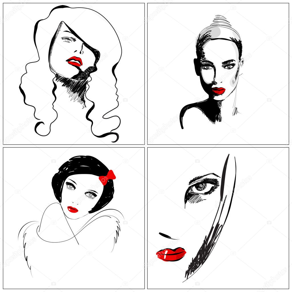 Set of beautiful hand drawn style elegant woman portraits
