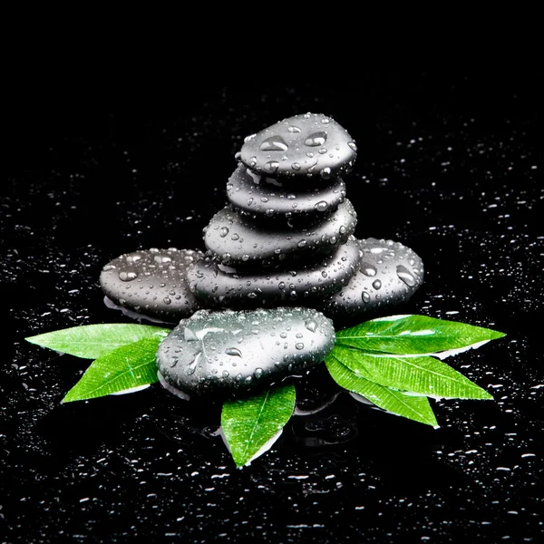 Zen-Steine und Blätter mit Wassertropfen. Blatt- und Basaltsteine — Stockfoto