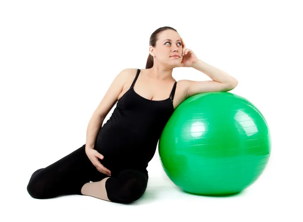 Pregnant woman excercises with gymnastic ball. Beautiful pregnan — Stock Photo, Image