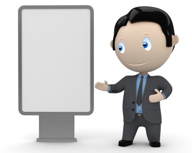 Place your text logo product on a blank citylight copyspace. Social 3D characters: businessman in suit pointing at the blank rectangular space. New constantly growing collection of expressive uni clipart