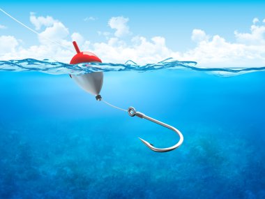 Float, fishing line and hook underwater vertical clipart