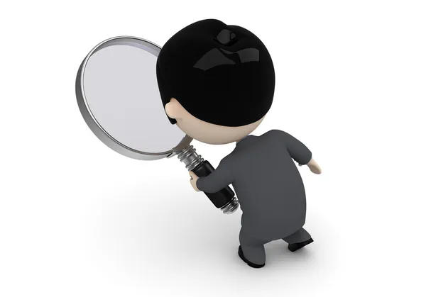 Search process! Social 3D characters: businessman with loupe searching. New constantly growing collection of expressive unique multiuse images. Concept for search engine illustration. Isolated. — Stock Photo, Image
