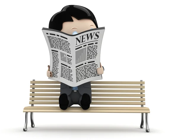 ¡Buenas noticias! Personajes sociales en 3D: hombre de negocios con traje leyendo el periódico en un banco. Nueva colección en constante crecimiento de imágenes expresivas únicas multiuso. Concepto para ilustración de noticias. Aislado — Foto de Stock