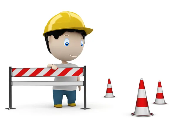 Web site under construction! Social 3D characters: man on the road by the barrier and under construction cones. New constantly growing collection of expressive unique multiuse images. Concept f — Stock Photo, Image