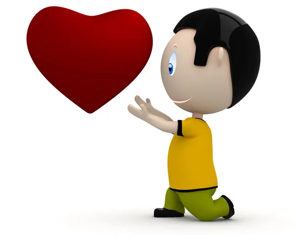 О, любовь моя, ты мое солнце! Социальные 3D персонажи: мальчик, протягивающий руки к форме сердца. Новая постоянно растущая коллекция выразительных уникальных многофункциональных изображений. Концепция любви, отношений — стоковое фото