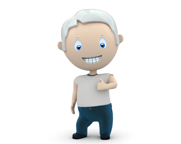 Like it! Social 3D characters: happy smiling man wearing jeans and t-shirt showing big finger. New constantly growing collection of expressive unique multiuse images. Concept for social like il — Stock Photo, Image