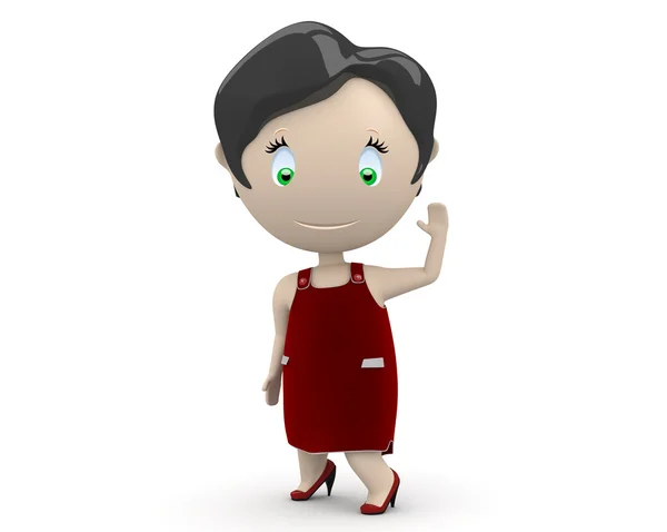 Hello cutie in red dress! Social 3D characters: happy smiling beautiful girl waves her hand wearing red dress. New constantly growing collection of expressive unique multiuse images. Concept fo — Stock Photo, Image