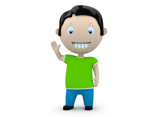 Hey! soziale 3D-Zeichen: fröhlich lächelnder Junge winkt mit der Hand. neue, ständig wachsende Sammlung ausdrucksstarker, einzigartiger Multiuse-Bilder. — Stockfoto