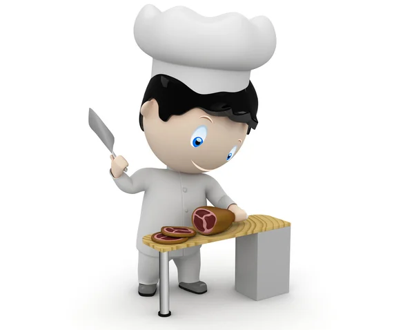 Cocinar en el trabajo! Personajes sociales en 3D: feliz cocinero sonriente en uniforme cortando jamón. Nueva colección en constante crecimiento de imágenes expresivas únicas multiuso. Concepto para ilustrar la cocina. Aislado . —  Fotos de Stock