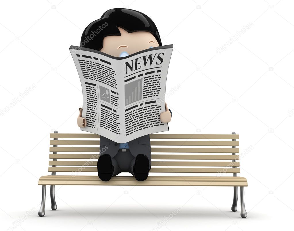 Hot news! Social 3D characters: businessman in suit reading newspaper on a bench. New constantly growing collection of expressive unique multiuse images. Concept for news illustration. Isolated