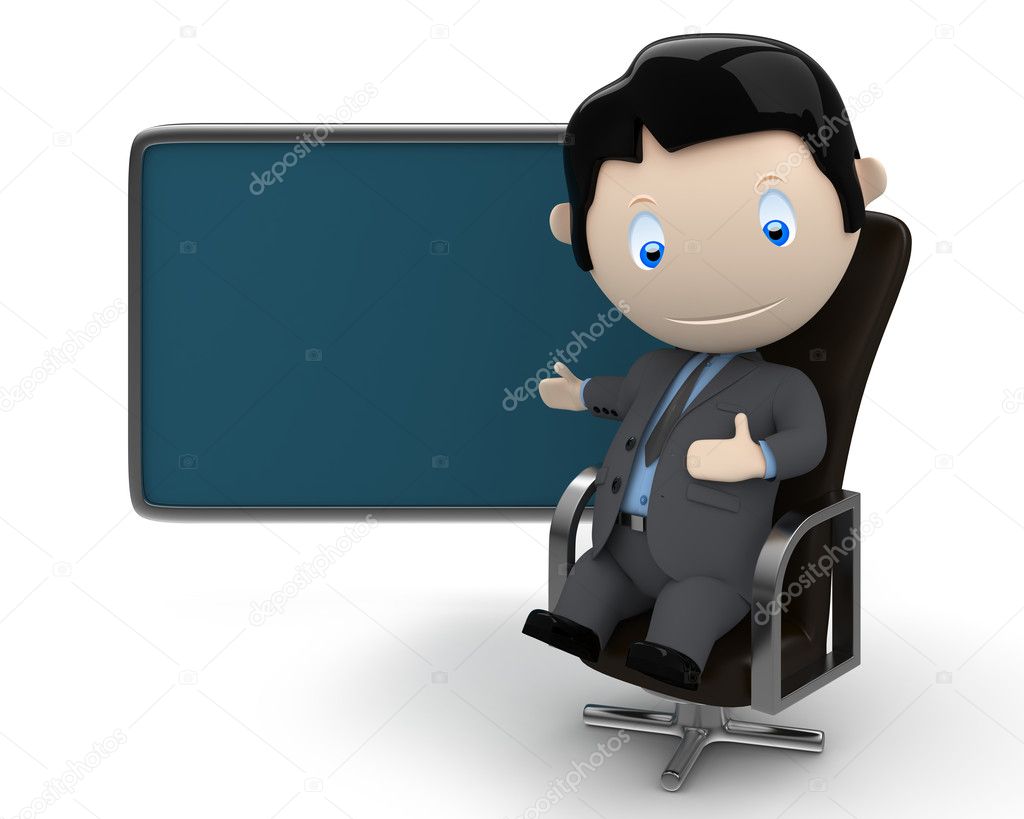 Place your text logo product on a blank copyspace. Social 3D characters: businessman in suit sitting on leather office chair pointing at the blank rectangular space. New constantly growing collec