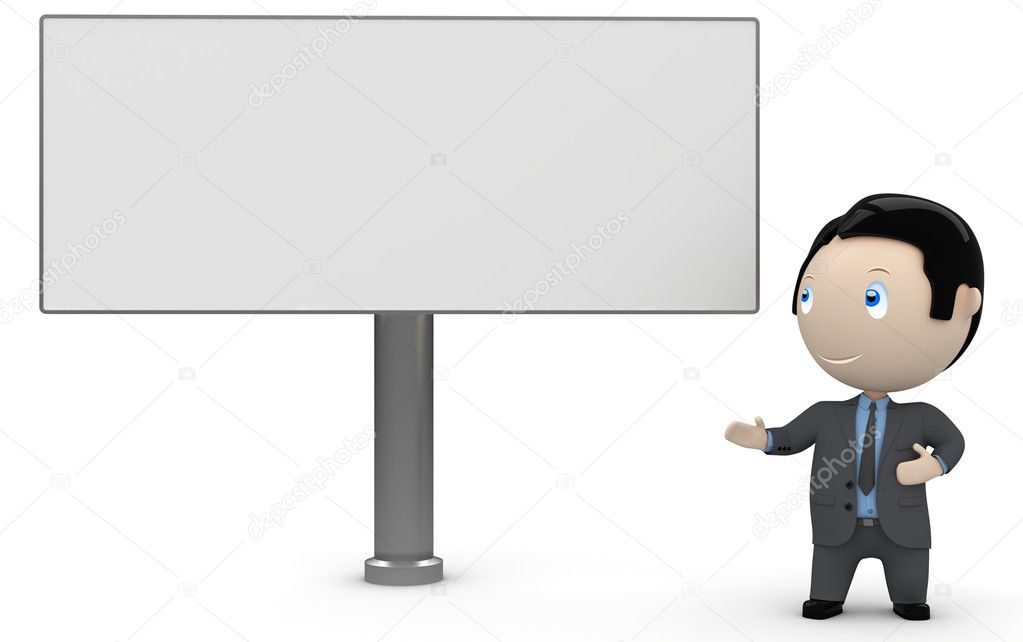 Place your text logo product on a blank board copyspace. Social 3D characters: businessman in suit pointing at the blank rectangular space. New constantly growing collection of expressive unique