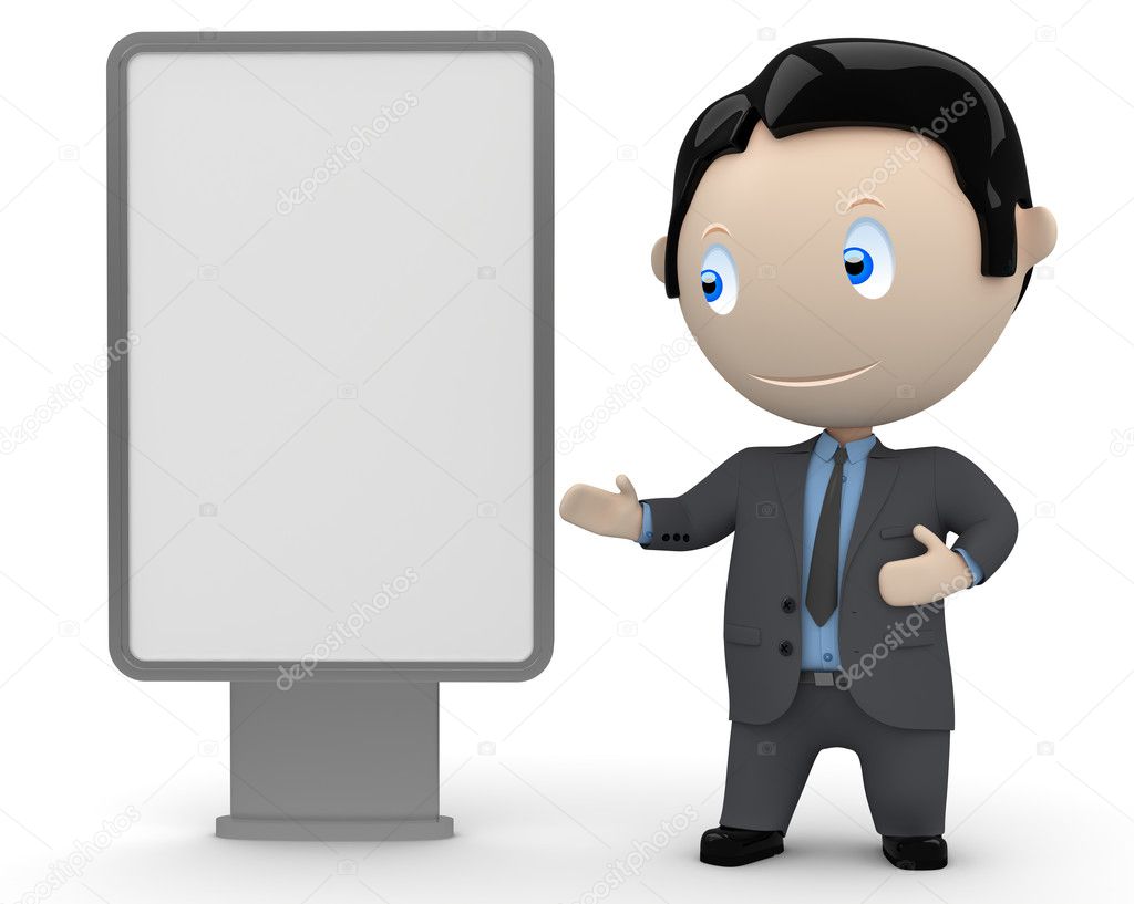 Place your text logo product on a blank citylight copyspace. Social 3D characters: businessman in suit pointing at the blank rectangular space. New constantly growing collection of expressive uni