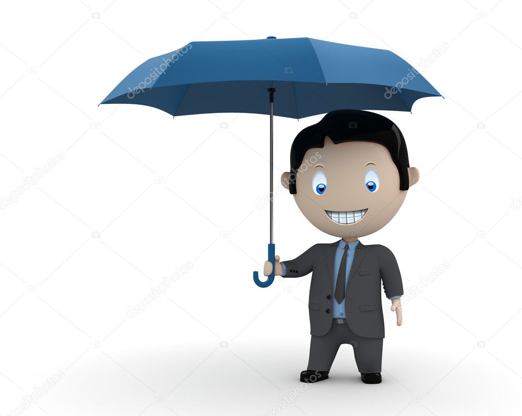 Under protection! Social 3D characters: businessman standing with umbrella. New constantly growing collection of expressive unique multiuse images. Concept for insurance illustration. Isolated.