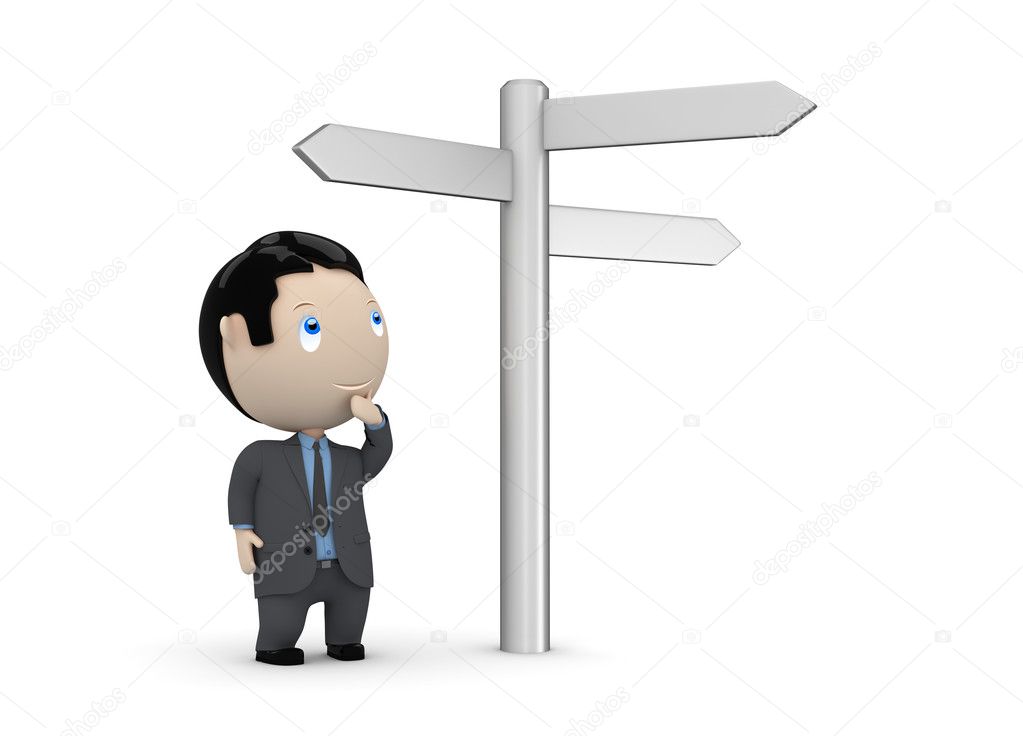 Make your choice! Social 3D characters: businessman looking at crossroads blank plates sign. New constantly growing collection of expressive unique multiuse images. Concept for making decision