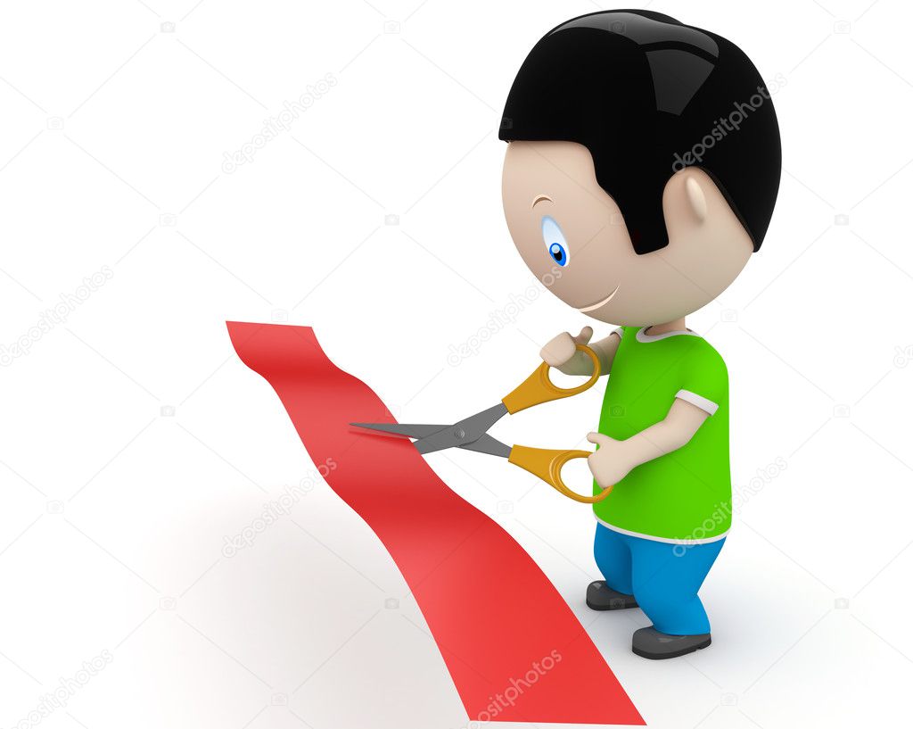 Unveiling! Social 3D characters: young man cutting red line with scissors. New constantly growing collection of expressive unique multiuse images. Concept for opening illustration. Isolated.