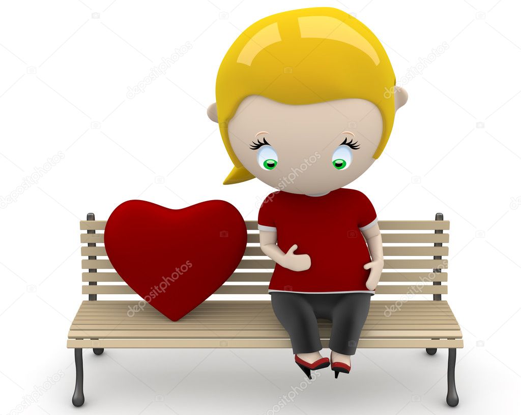 Love fruit! Social 3D characters: preagnant woman on a bench with heart sign. New constantly growing collection of expressive unique multiuse images. Concept for family illustration. Isolated.