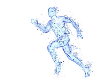 Running man liquid artwork - Athlete figure in motion made of water with falling drops clipart