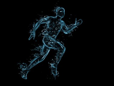 Running man liquid artwork on black - Athlete figure in motion made of water with falling drops clipart