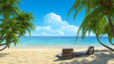 iki sandalye plaj pastoral tropikal beyaz kum plajı üzerinde. palmiye ağaçlarının gölgesinden. gürültü, temizlik, 3d render son derece detaylı. tatil, spa, resort tasarım konsepti.