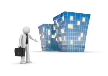 Businessman invites to new office building clipart