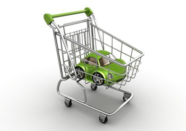 Green car in shopping cart (funny micromachines series) clipart