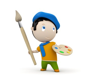 Artist at work! Social 3D characters: painter with brush and palette wearing beret and scarf. New constantly growing collection of expressive unique multiuse images. Concept for man of art illu clipart