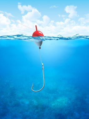 Float, fishing line and hook underwater