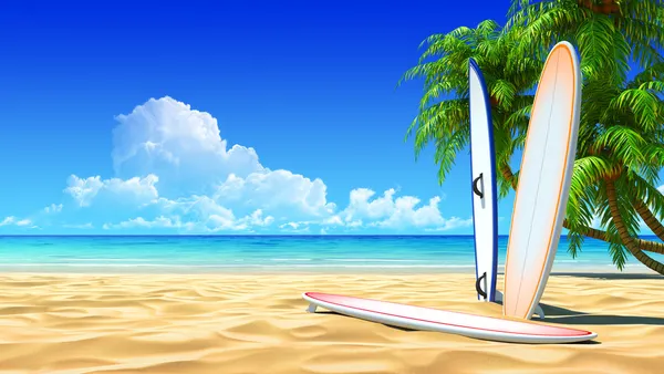 田园热带沙滩上的三个冲浪板。无噪音、 清洁，非常详细的 3d 呈现。冲浪、 休息、 假期、 度假村设计的概念. — 图库照片