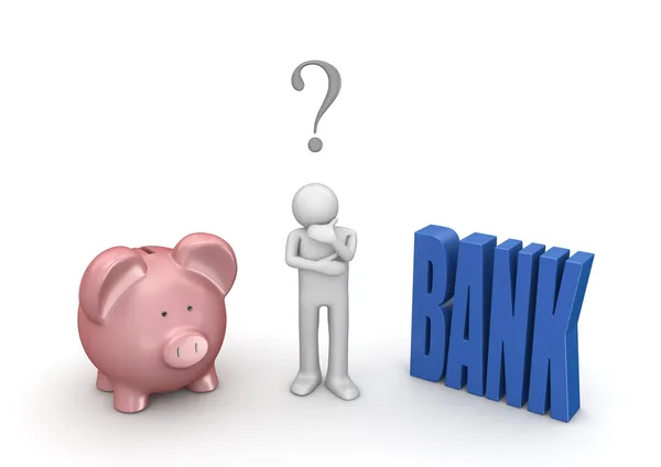 Choosing whether open bank account or leave in piggybank — Stock Photo, Image