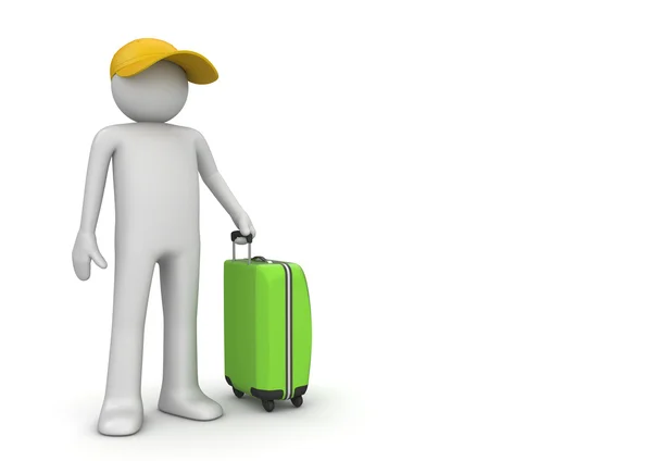 Коллекция путешествий - Турист в шапочке с зеленым чемоданом — стоковое фото