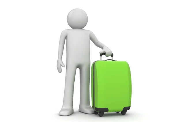 Reisekollektion - Tourist mit grünem Koffer — Stockfoto