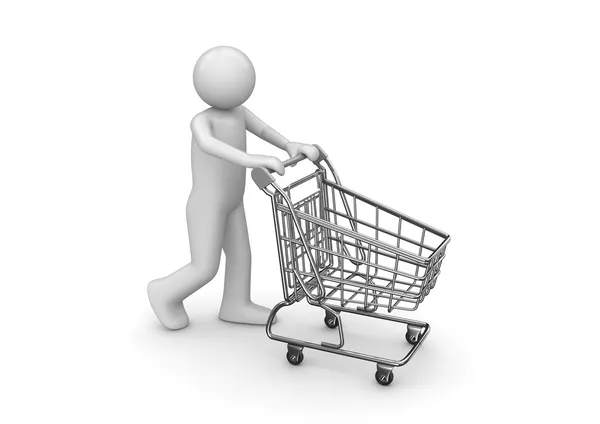 Man with shopping cart (3d isolated characters series) — Stock Photo, Image