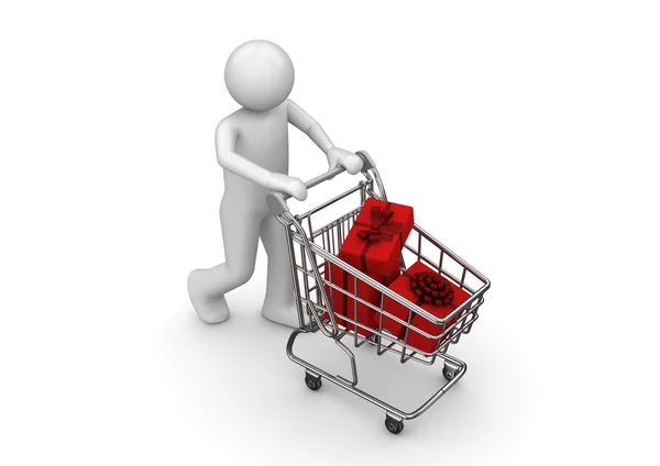 Gifts in shopping cart (3d isolated characters series) — Stock Photo, Image