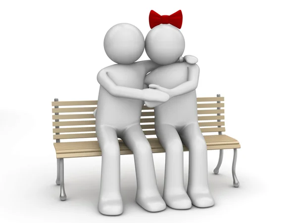 Мужчина и женщина влюблены на скамейке запасных (любовь, валентинка день серии, 3D изолированных персонажей ) — стоковое фото