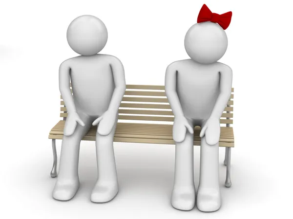 Застенчивый мужчина и женщина на скамейке запасных (любовь, валентинка день серии, 3d изолированных персонажей ) — стоковое фото
