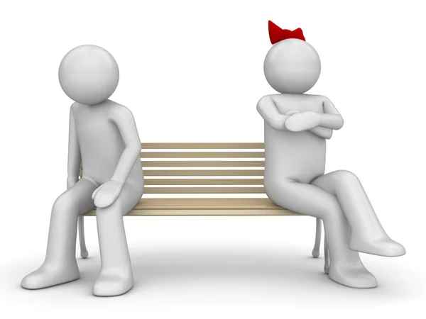 Оскорбленные мужчина и женщина на скамейке запасных (любовь, валентинка день серии, 3d изолированных персонажей ) — стоковое фото