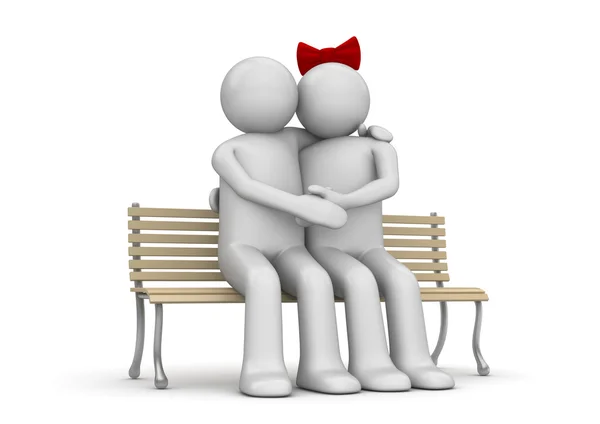 Abraçando casal em um banco (amor, série dia dos namorados, personagens isolados 3d ) — Fotografia de Stock
