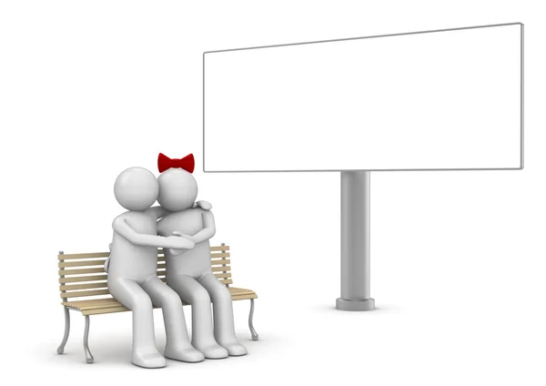 Embracing couple on a bench with copyspace billboard (love, valentine day series, 3d isolated characters) — Stock Photo, Image