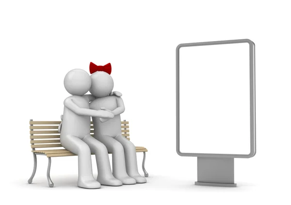 Embracing couple on a bench with copyspace (love, valentine day series, 3d isolated characters) — Stock Photo, Image