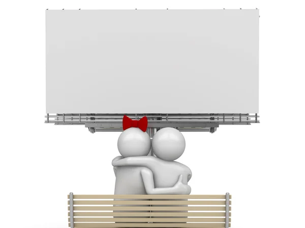Umarmung Paar auf einer Bank mit Kopierraum (Liebe, Valentinstag-Serie, 3D isolierte Charaktere) — Stockfoto